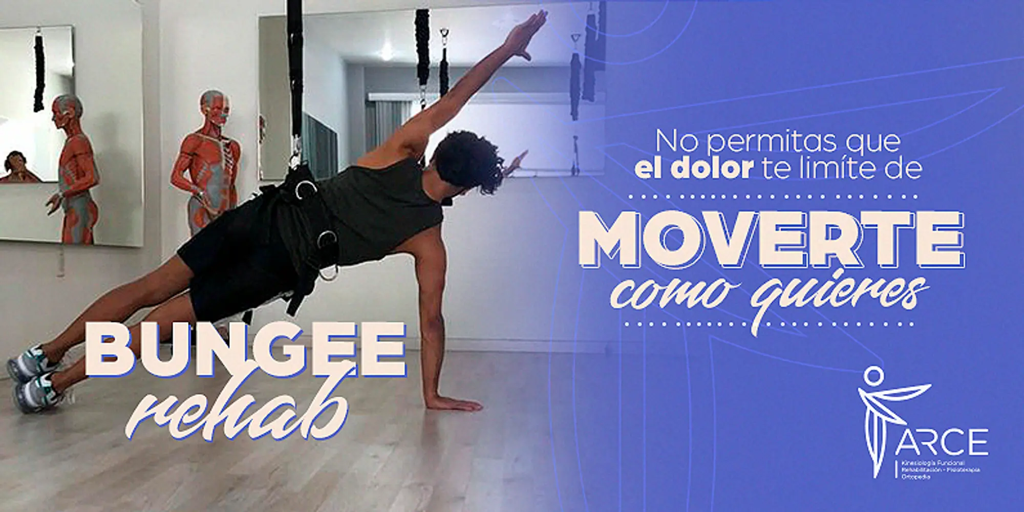 Sesión de Bungee Rehab en Clínica Arce: rehabilitación con arnés y cuerdas elásticas que descargan el peso del cuerpo